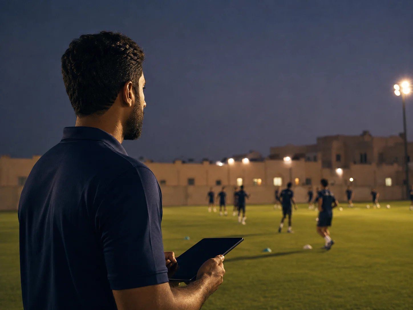 A coach at the touchline at dusk, tablet in hand, the squad training beyond