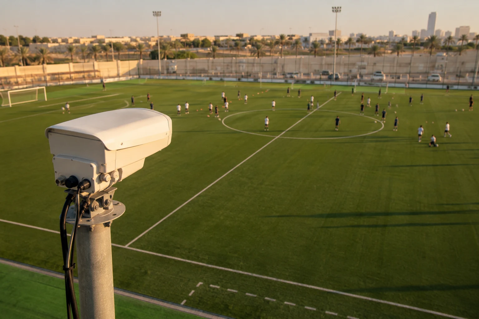 Rear view of a sideline camera aimed into the football pitch